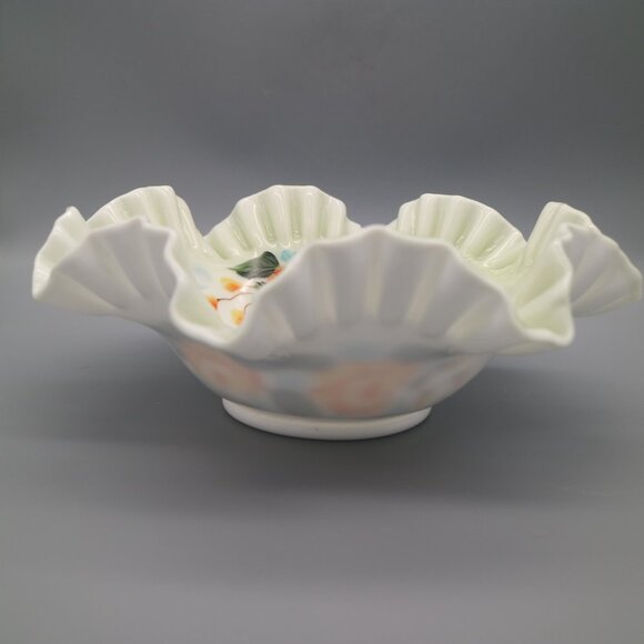 Vintage Ruffled Edge Bridal Bowl with Yellow Rose Floral Pattern Milk Glass Dish - Picture 5 of 6